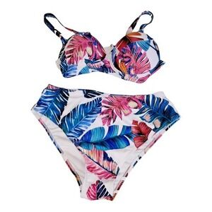 Shein Floral Bikini Top Bottom White Floral Printed High Waisted NWOT Womens 0XL